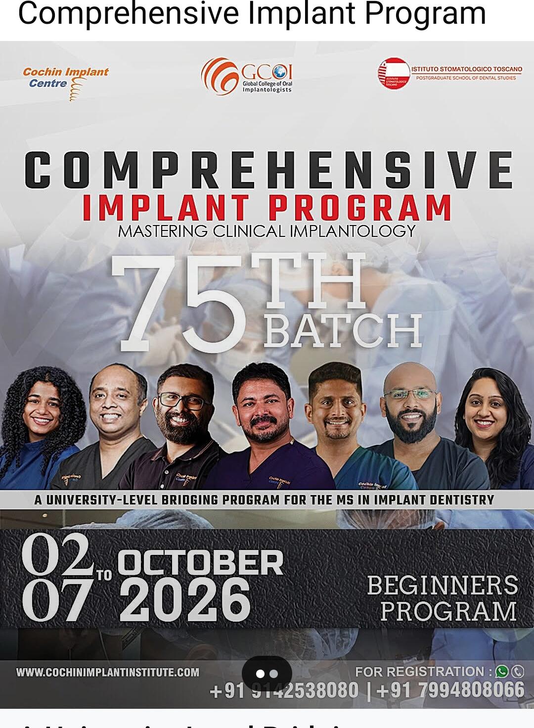 Comprehensive Implant Program — Mastering Clinical Implantology, 75th Batch (Beginners)