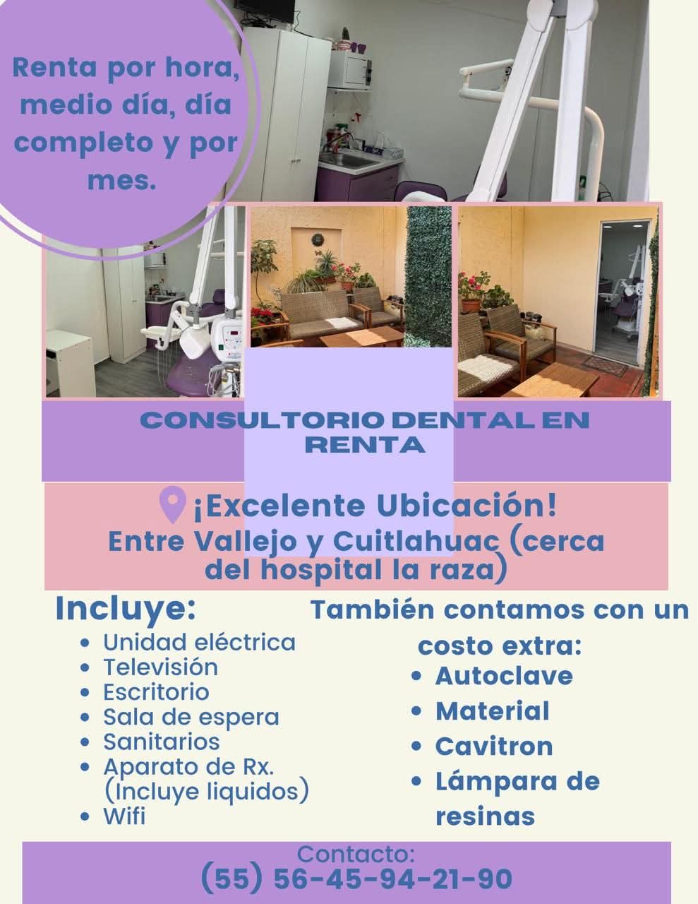 Consultorio dental en renta por hora, medio día, día o mes — cerca del Hospital La Raza