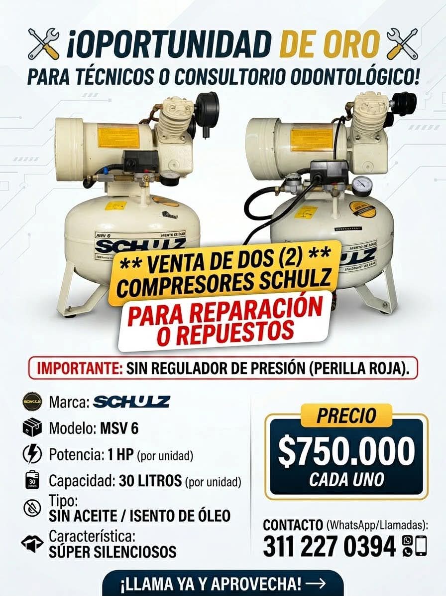 Dos compresores Schulz MSV 6 de 1 HP, 30 litros, sin aceite — para reparación o repuestos
