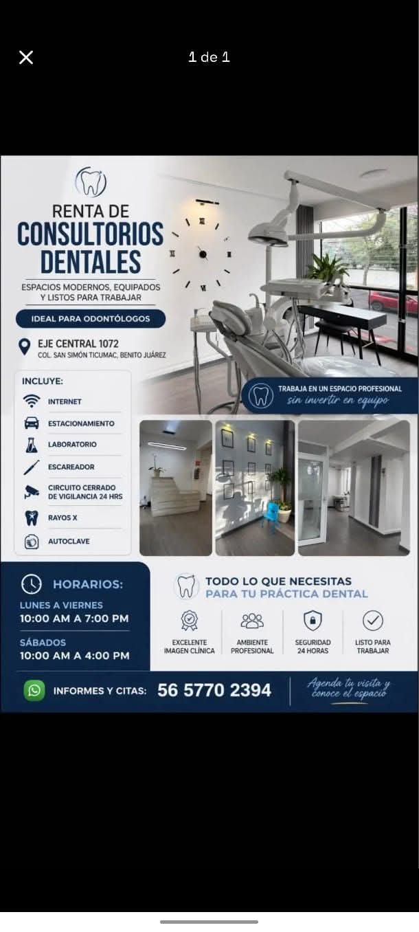 Renta de consultorios dentales equipados (por hora, varias horas o mes)
