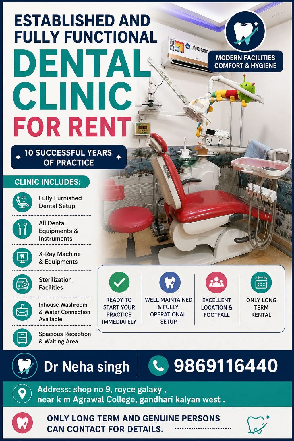 Established fully functional dental clinic for RENT — Kalyan West (10 years of practice)