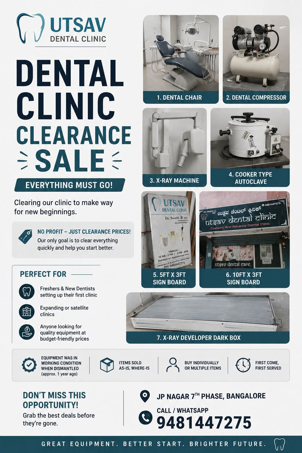 Dental clinic clearance — chair, compressor, X-ray, autoclave & signage (JP Nagar, Bangalore)