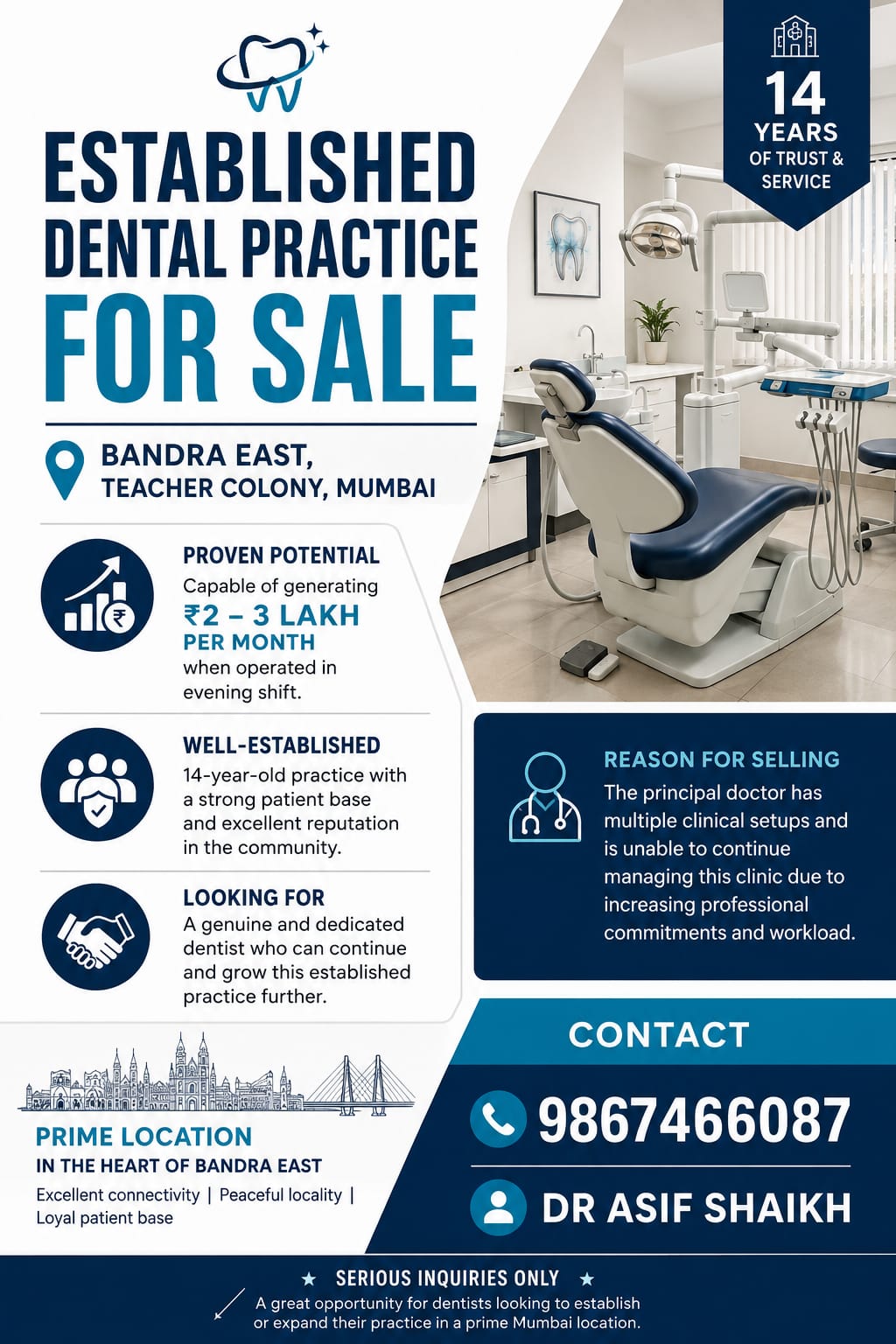 Established 14-year dental practice for sale — Teacher Colony, Bandra East, Mumbai