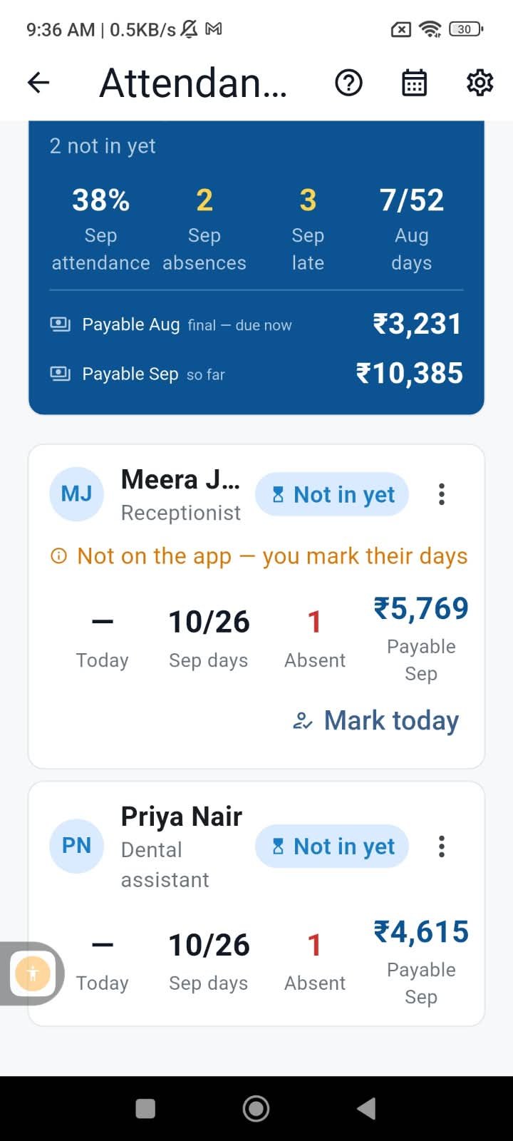 Owner’s attendance register: 38% September attendance, 2 absences, 3 late; one member marked by the owner because they are not on the app, one who checks in herself