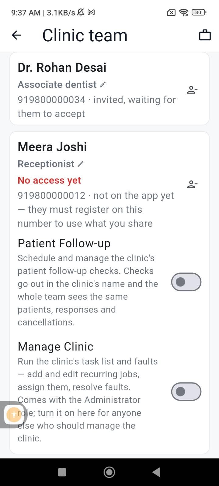 Clinic team screen: an associate dentist invited and waiting to accept, and a receptionist not on the app yet with Patient Follow-up and Manage Clinic switches off
