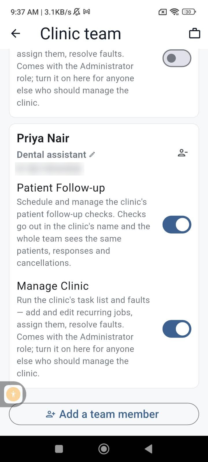 A dental assistant’s card with Patient Follow-up and Manage Clinic both switched on, and an Add a team member button
