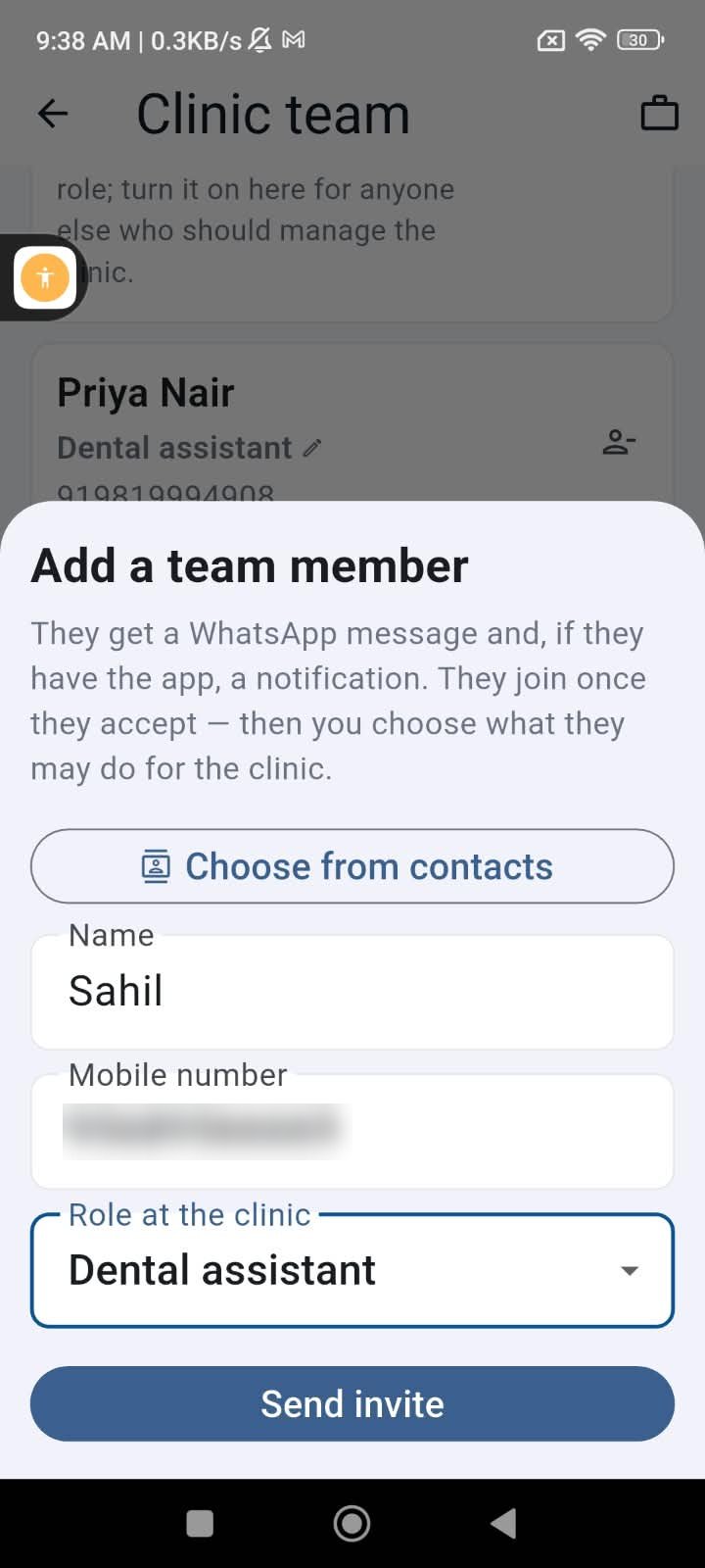 Add a team member sheet: choose from contacts, name, mobile number, role at the clinic, Send invite — they get a WhatsApp message and a notification if they have the app