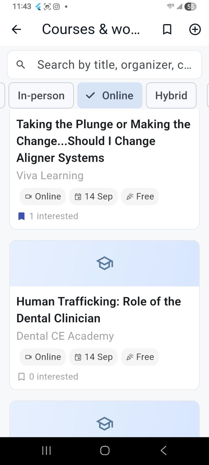 Courses in the SureMedico app filtered to Online: two free webinars from Viva Learning and Dental CE Academy, each with Online, the date and Free