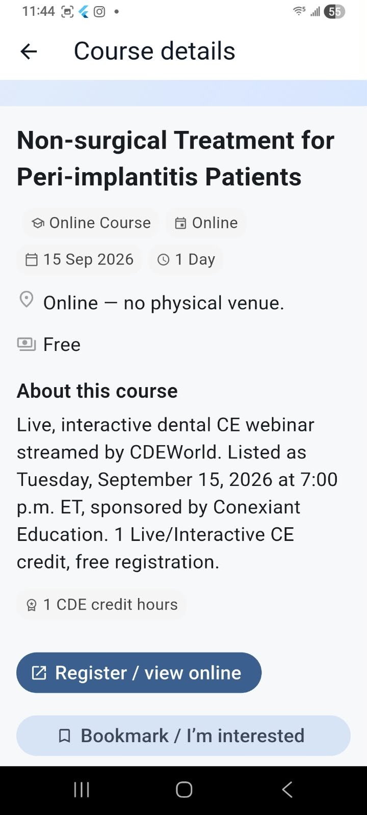One free webinar in the app: title, Online Course, the date, one day, Free, a description naming CDEWorld and Conexiant Education, 1 CDE credit hour, and a Register / view online button
