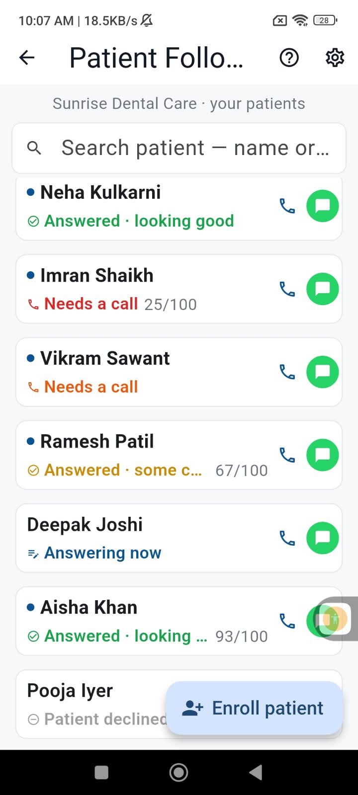 Patient Followup list in the SureMedico app: patients with Answered · looking good, Needs a call 25/100, Answering now and Patient declined, each with call and WhatsApp buttons, and an Enroll patient button