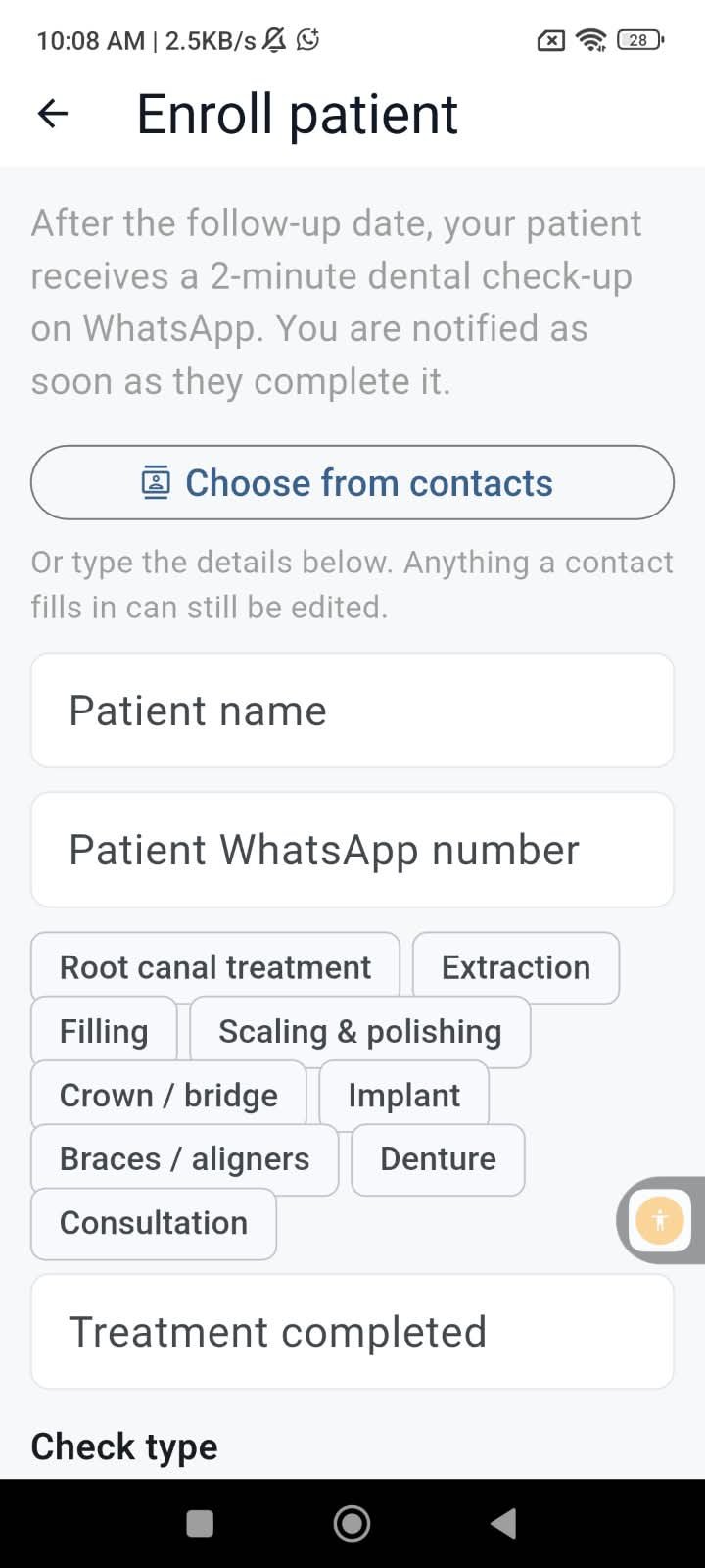 Enroll patient form: choose from contacts, patient name, WhatsApp number, treatment chips such as root canal, extraction, filling, crown, implant, braces, denture, and the check type