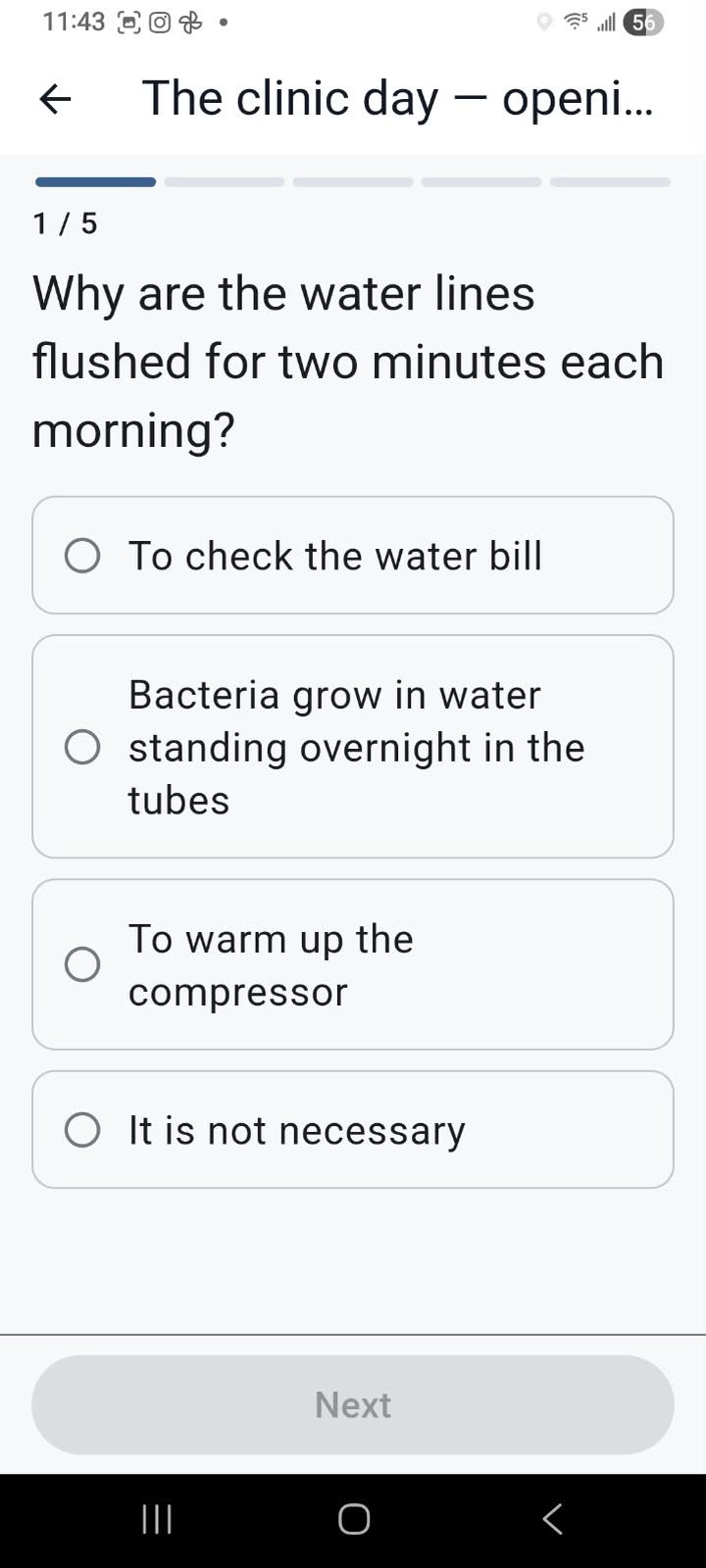 Quiz question 1 of 5 in the app: why are the water lines flushed for two minutes each morning, with four options and a Next button